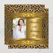 エレガントバースデーパーティー金ゴールドブラックゼブラヒョウ 招待状 (正面/裏面)