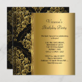 エレガントバースデーパーティー金ゴールドブラックダマスクフローラ 招待状 (正面/裏面)