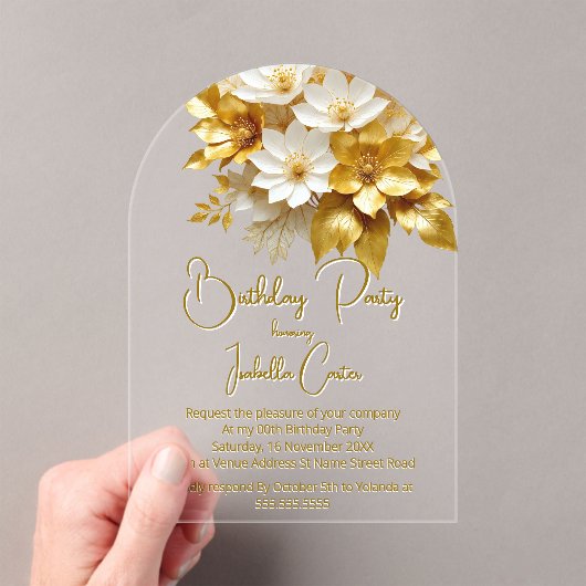 エレガントバースデーパーティー金ゴールドホワイトフラワーズフローラ アクリル招待状 (インサイチュ (ポータブル))