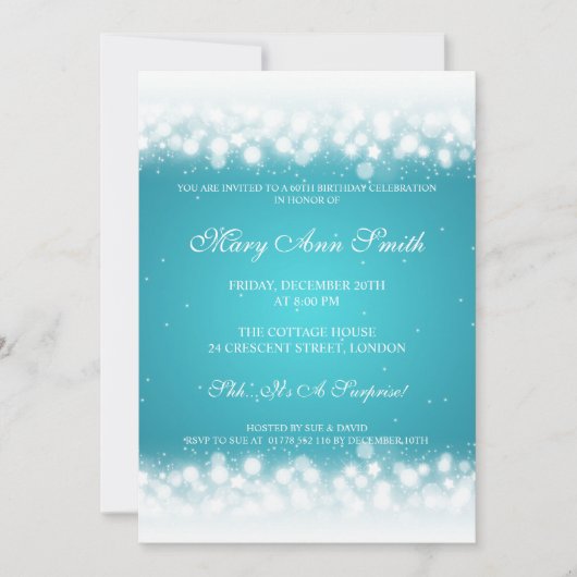 エレガントバースデーパーティ魔法スパークルターコイズ 招待状 (正面)