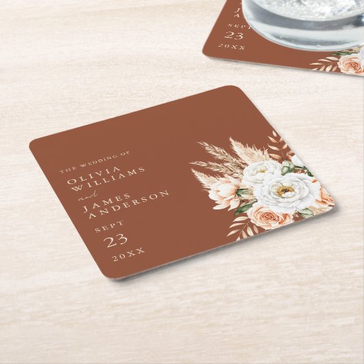 エレガントバーントオレンジテラコッタフローラ結婚ズ スクエアペーパーコースター (アングル)