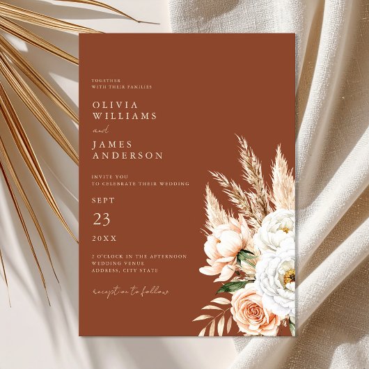 エレガントバーントオレンジテラコッタフローラ結婚ズ 招待状