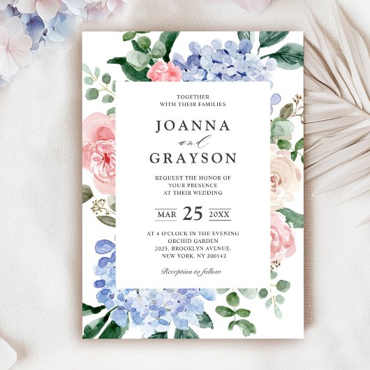 エレガントパウダーブルーピンクアジサイフォーマルズ結婚ス 招待状