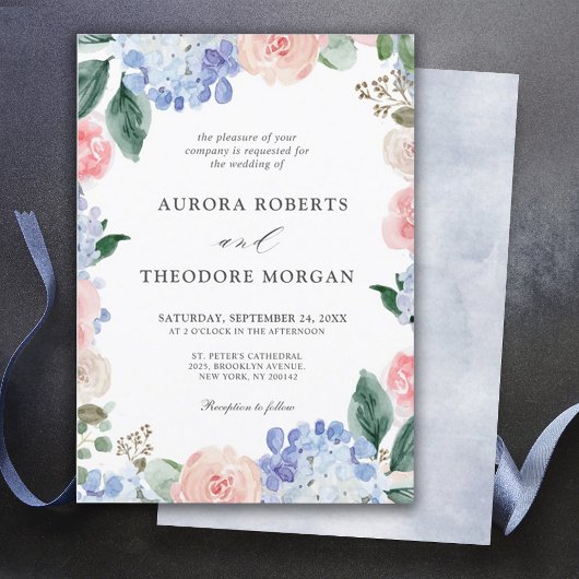 エレガントパウダーブルーピンクアジサイフォーマルズ結婚ス 招待状