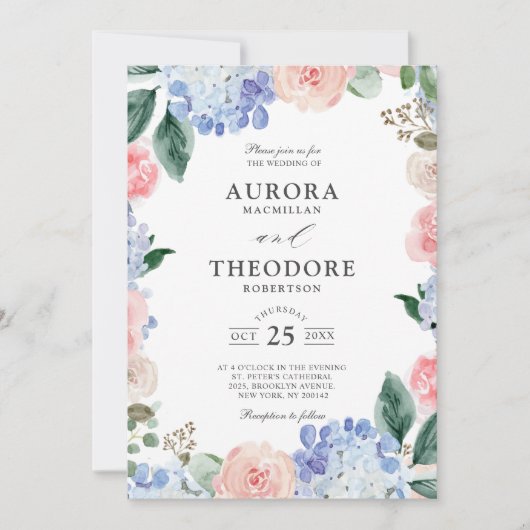 エレガントパウダーブルーピンクアジサイフォーマルズ結婚ス 招待状 (正面)