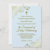 エレガントパウダーブルー&金ゴールドモダンカソリッ結婚クス 招待状 (正面)