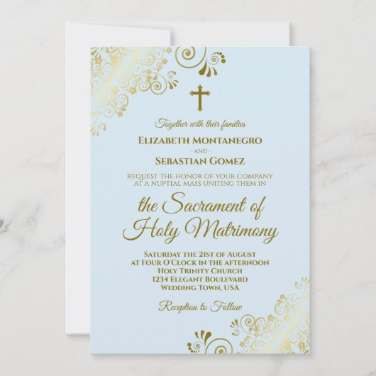 エレガントパウダーブルー&金ゴールドモダンカソリッ結婚クス 招待状 (正面)
