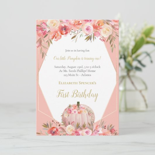 エレガントパンプキンファースト誕生日バラ金ゴールド 招待状 (スタンド正面)