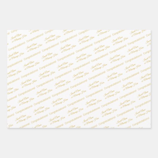 エレガントパーソナライズされたおめでとう白および金属金ゴールド ラッピングペーパーシート (正面3)