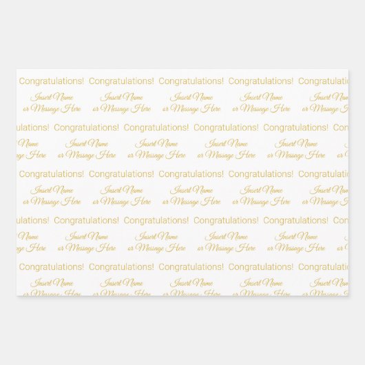 エレガントパーソナライズされたおめでとう白および金属金ゴールド ラッピングペーパーシート (正面)