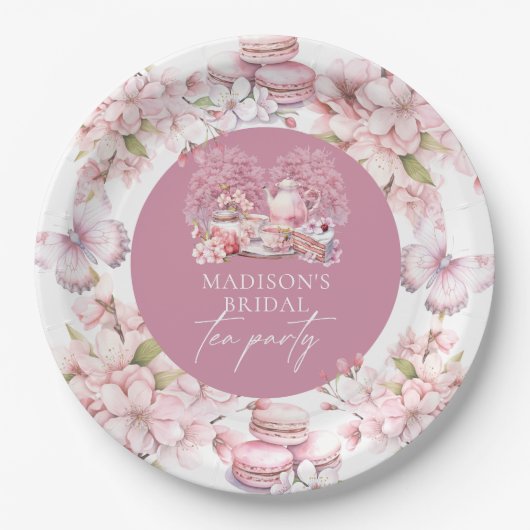 エレガントパーソナライズされたさくらんぼブライダル茶 ペーパープレート (正面)