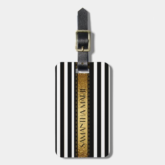 エレガントパーソナライズされた白黒金ゴールドストライプの ラゲッジタグ (正面縦)