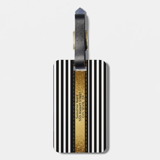エレガントパーソナライズされた白黒金ゴールドストライプの ラゲッジタグ (裏面縦)