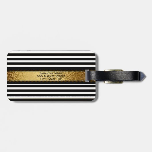 エレガントパーソナライズされた白黒金ゴールドストライプの ラゲッジタグ (裏面横)