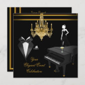 エレガントパーティーピアノシャンデリア ゴールドシャンパン 招待状 (正面/裏面)