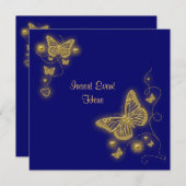 エレガントパーティー金ゴールド蝶ハート青王室の色 招待状 (正面/裏面)