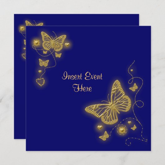 エレガントパーティー金ゴールド蝶ハート青王室の色 招待状 (正面/裏面)