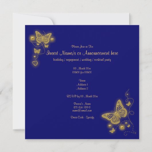 エレガントパーティー金ゴールド蝶ハート青王室の色 招待状 (裏面)