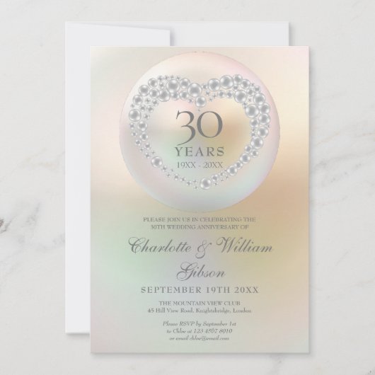 エレガントパールハート 30周年結婚記念日 招待状 (正面)