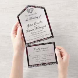 エレガントパールバーガンディーリボン&グリッター縁ど オールインワン招待状