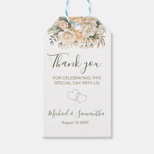 エレガントパールホワイトとアイボリーバラ結婚ズ ギフトタグ (正面)