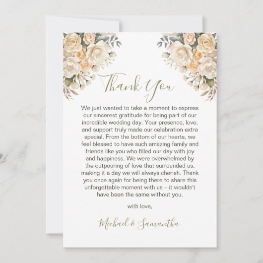 エレガントパールホワイトとアイボリーバラ結婚ズ サンキューカード (正面)
