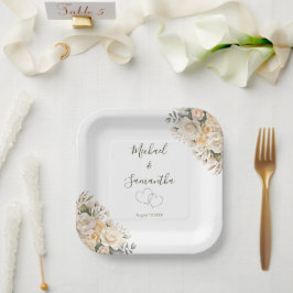 エレガントパールホワイトとアイボリーバラ結婚ズ ペーパープレート