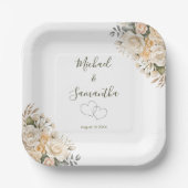 エレガントパールホワイトとアイボリーバラ結婚ズ ペーパープレート (正面)