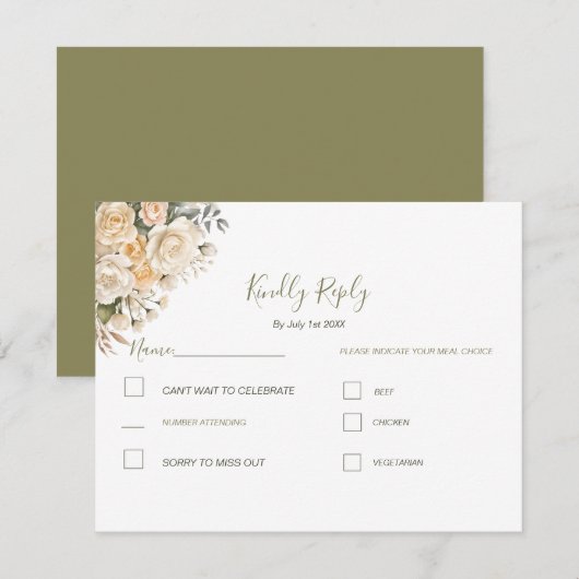 エレガントパールホワイトとアイボリーバラ結婚ズ 出欠カード (正面/裏面)