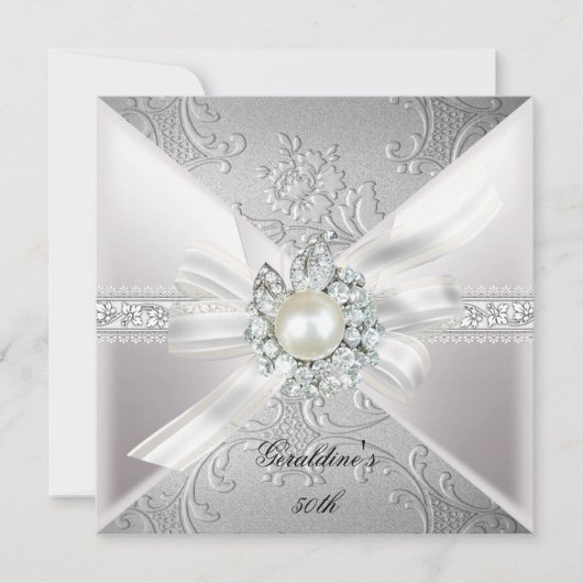 エレガントパールホワイトシルバー50th誕生日パーティー 招待状 (正面)