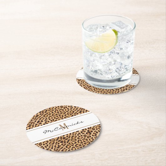 エレガントヒョウ柄モノグラムパーソナライズされた ラウンドペーパーコースター (インサイチュ)