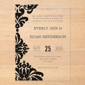 エレガントビクトリアンシンプル黒ダマスクウェディング アクリル招待状 (正面)