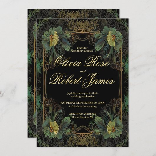 エレガントビクトリアン植物性の不機嫌な結婚ダークズ 招待状 (正面/裏面)