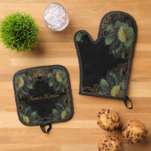 エレガントビクトリアン濃い金ゴールド 鍋つかみ&鍋敷きセット (トップダウン)