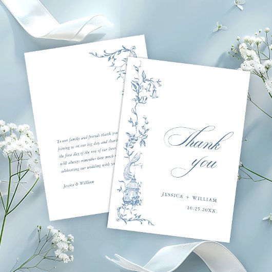 エレガントビクトリアン華美フローラダスティブルー結婚ズ サンキューカード