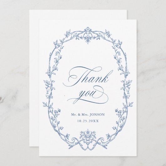 エレガントビクトリアン華美フローラダスティブルー結婚ズ サンキューカード (正面/裏面)