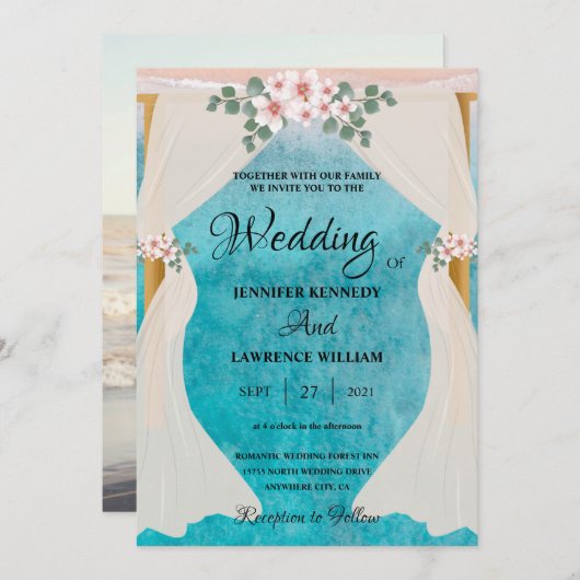 エレガントビーチシーサイドチュレアーバーフォトズ結婚ス 招待状 (正面/裏面)