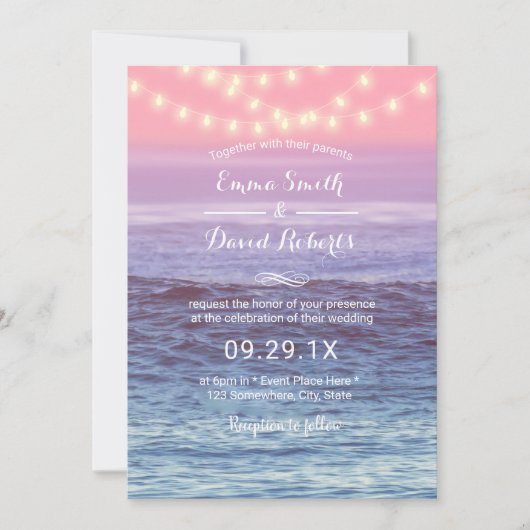 エレガントビーチストリングライトトロピカル結婚ズ 招待状 (正面)
