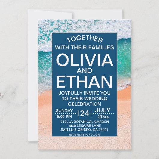 エレガントビーチネイビーブルーシーウェーブサマー結婚ズ 招待状 (正面)