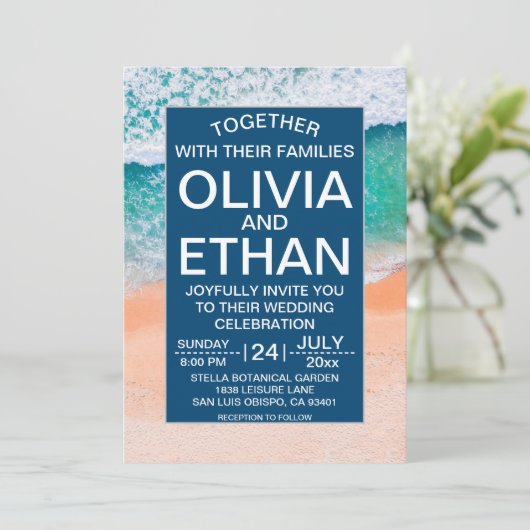 エレガントビーチネイビーブルーシーウェーブサマー結婚ズ 招待状 (スタンド正面)