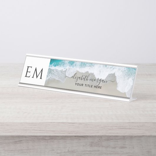 エレガントビーチブルーグリーンモノグラムプロフェッショナル デスクネームプレート (正面)