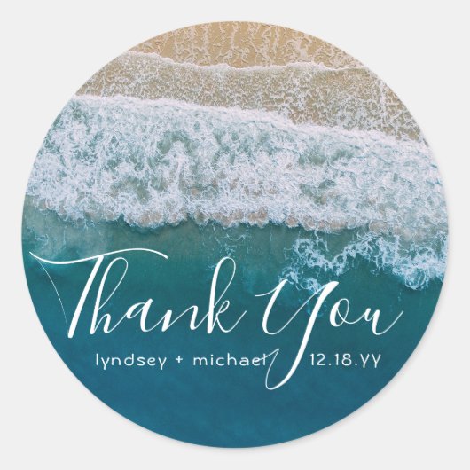 エレガントビーチブルー海サンキュー結婚式の引き出物 ラウンドシール (正面)