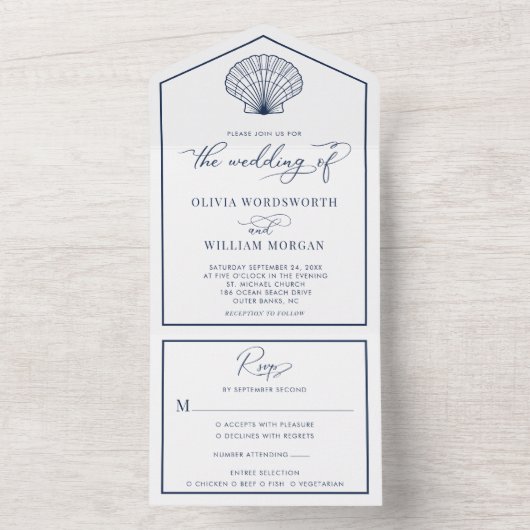 エレガントビーチホタテ結婚貝貝殻のネイビーブルー オールインワン招待状 (内側)