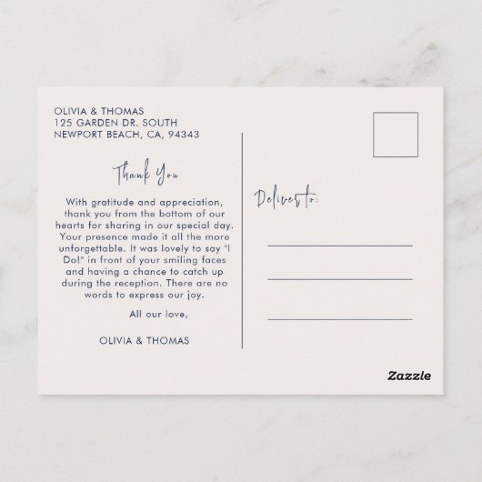 エレガントビーチモダン結婚の写真Thank You Navy ポストカード (裏面)