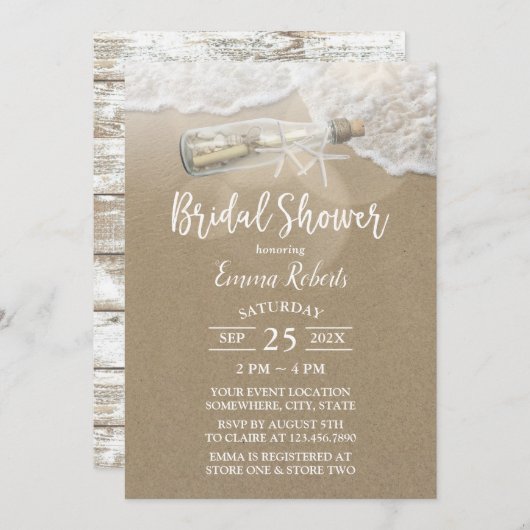 エレガントビーチラブメッセージボトルブライダルシャワー 招待状 (正面/裏面)