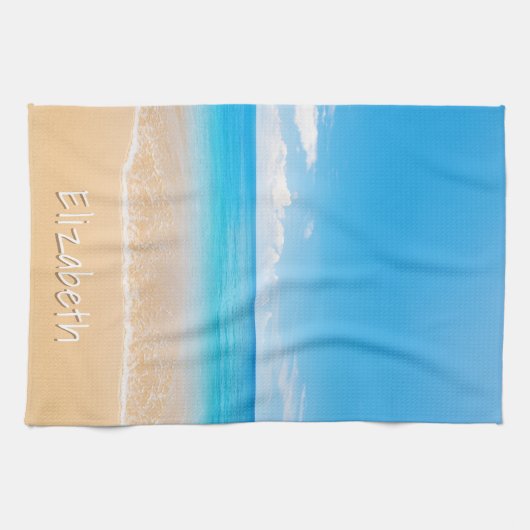 エレガントビーチ名と海パーソナライズされた名 キッチンタオル (横)