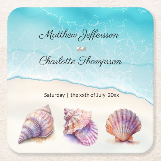 エレガントビーチ結婚式シーシェル真珠航海の スクエアペーパーコースター (正面)