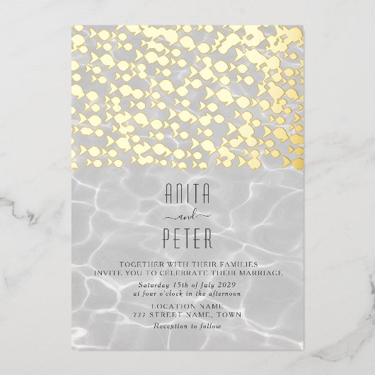 エレガントビーチ結婚式金ゴールド 箔招待状 (正面)