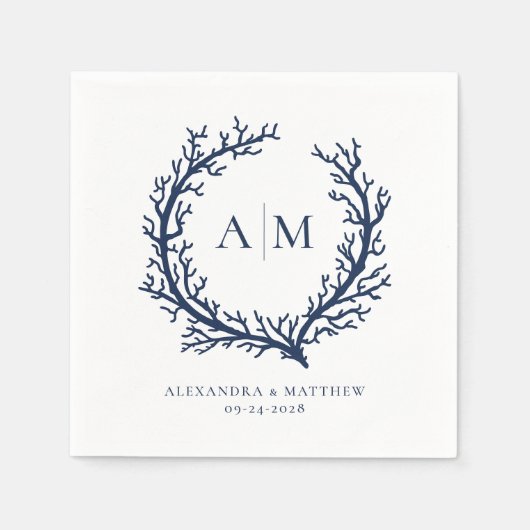 エレガントビーチ航海のモノグ結婚ラム スタンダードカクテルナプキン (正面)