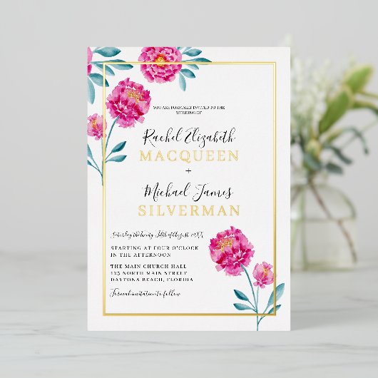 エレガントピッモダンクティール(緑がかった色)縁どフローラ結婚s 箔招待状 (立ち正面)